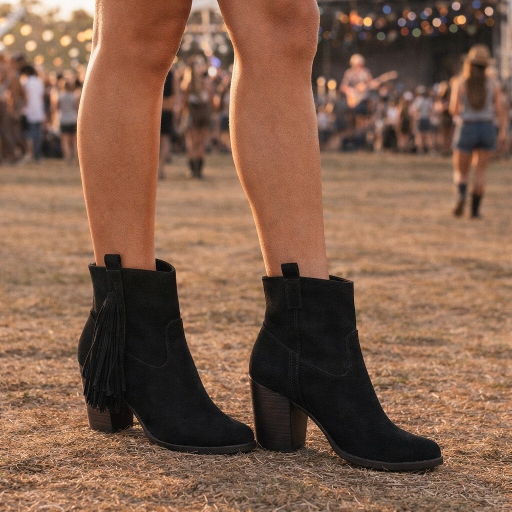 Nine West Suede Ankle Boots Fringe Western Block Heel Black Womens Size 8.5 Boho